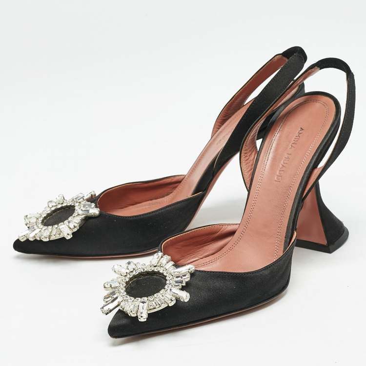 Pre Owned Amina Muaddi Black Satin Begum Slingback Pumps Size 35