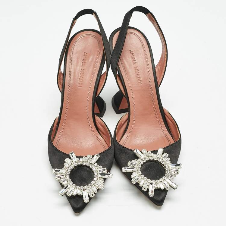 Pre Owned Amina Muaddi Black Satin Begum Slingback Pumps Size 35