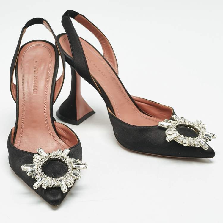 Pre Owned Amina Muaddi Black Satin Begum Slingback Pumps Size 35