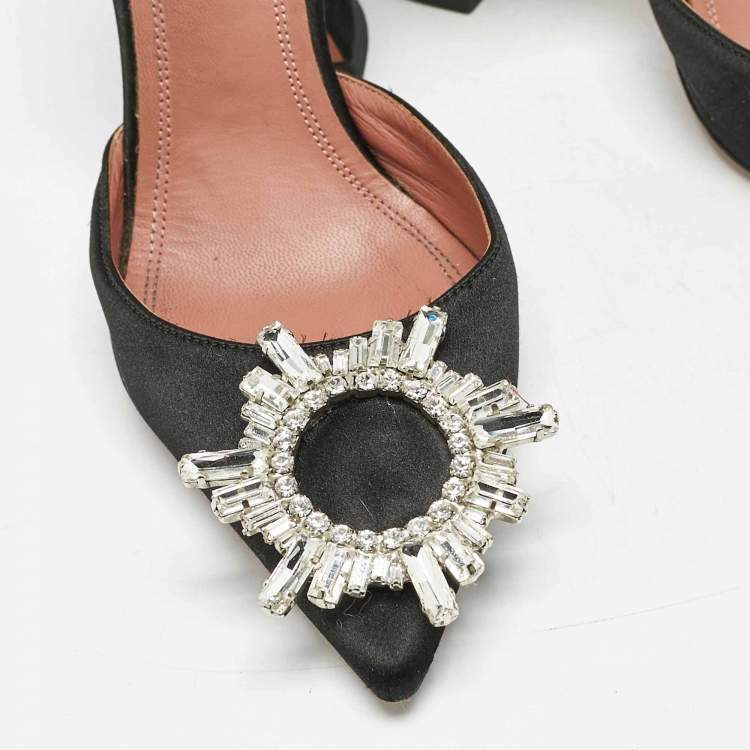 Pre Owned Amina Muaddi Black Satin Begum Slingback Pumps Size 35