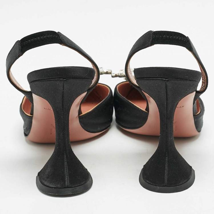 Pre Owned Amina Muaddi Black Satin Begum Slingback Pumps Size 35