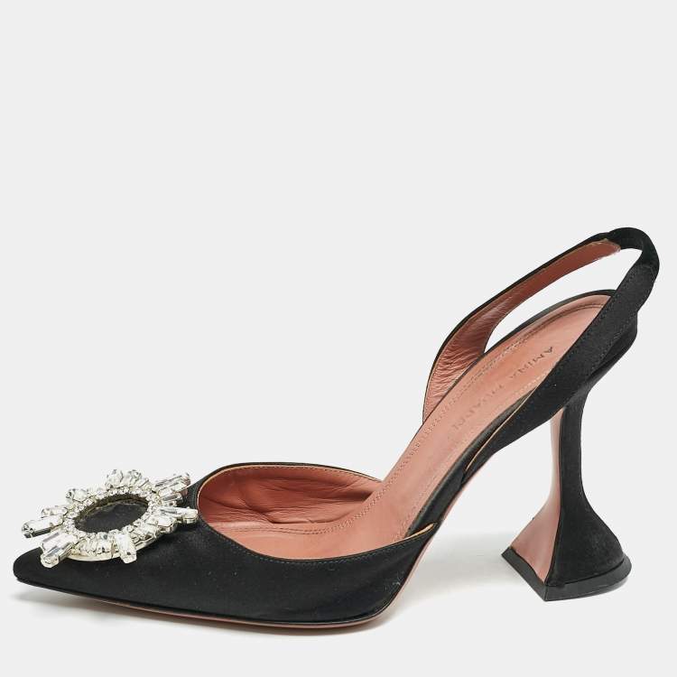 Pre Owned Amina Muaddi Black Satin Begum Slingback Pumps Size 35