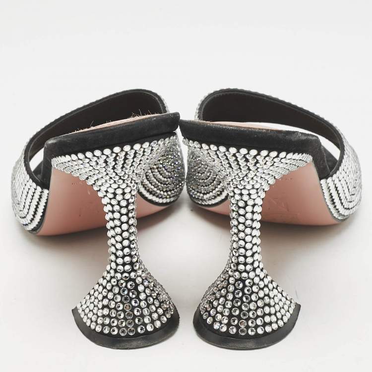 Pre Owned Amina Muaddi Black Suede Lupita Crystal Embellished Slide Sandals Size 38