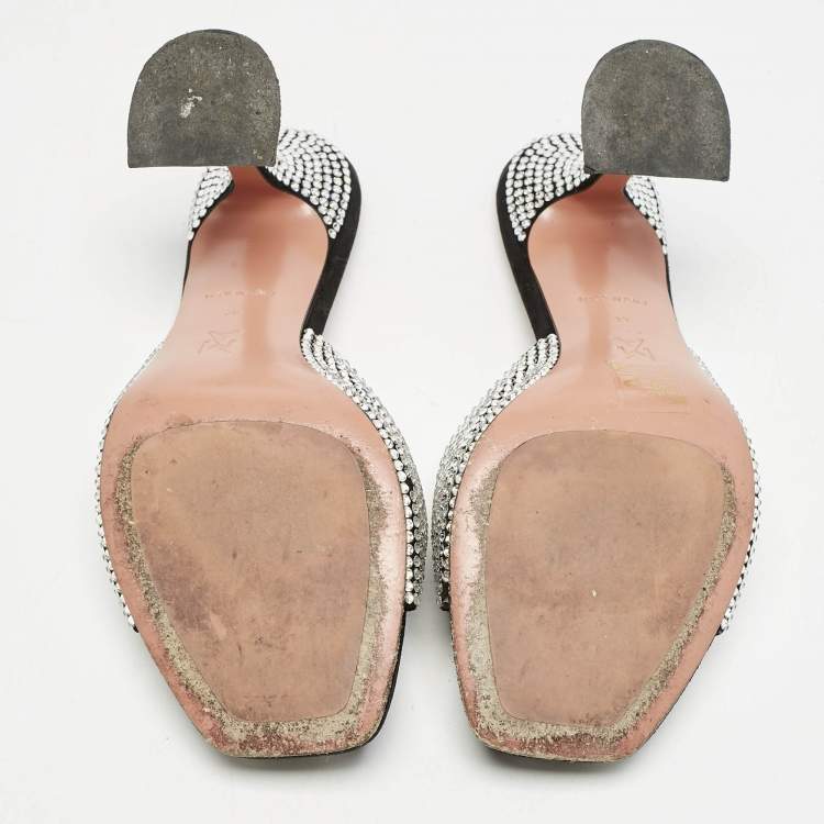 Pre Owned Amina Muaddi Black Suede Lupita Crystal Embellished Slide Sandals Size 38