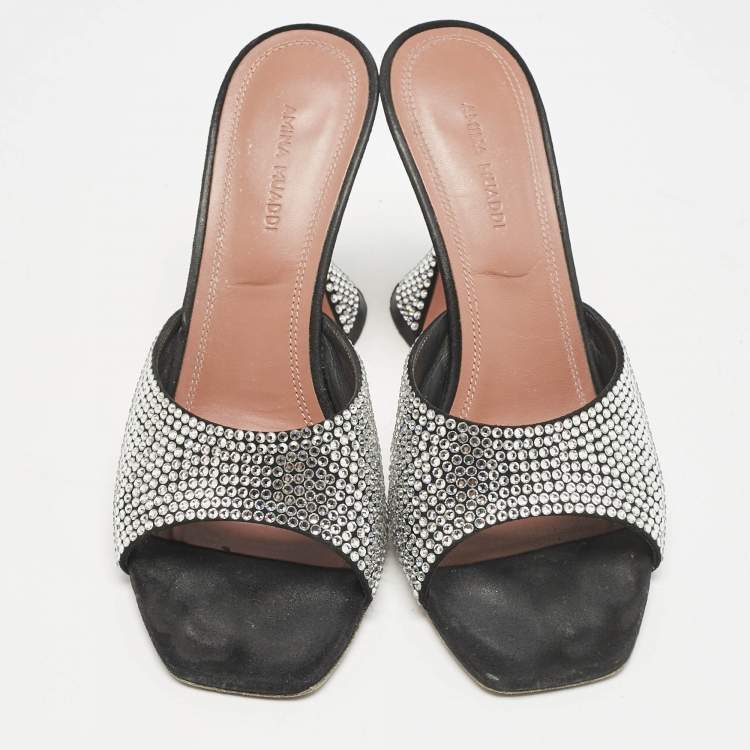 Pre Owned Amina Muaddi Black Suede Lupita Crystal Embellished Slide Sandals Size 38