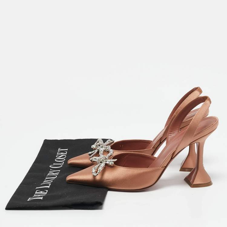 Pre Owned Amina Muaddi Beige Satin Rosie Crystal Embellished Slingback Pumps Size 37
