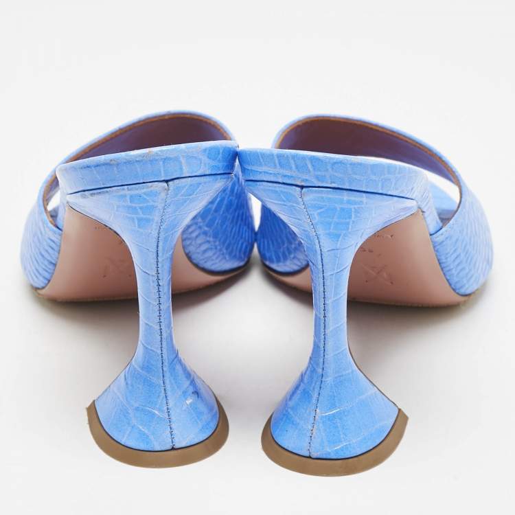 Pre Owned Amina Muaddi Blue Croc Embossed Leather Lupita Slide Sandals Size 38