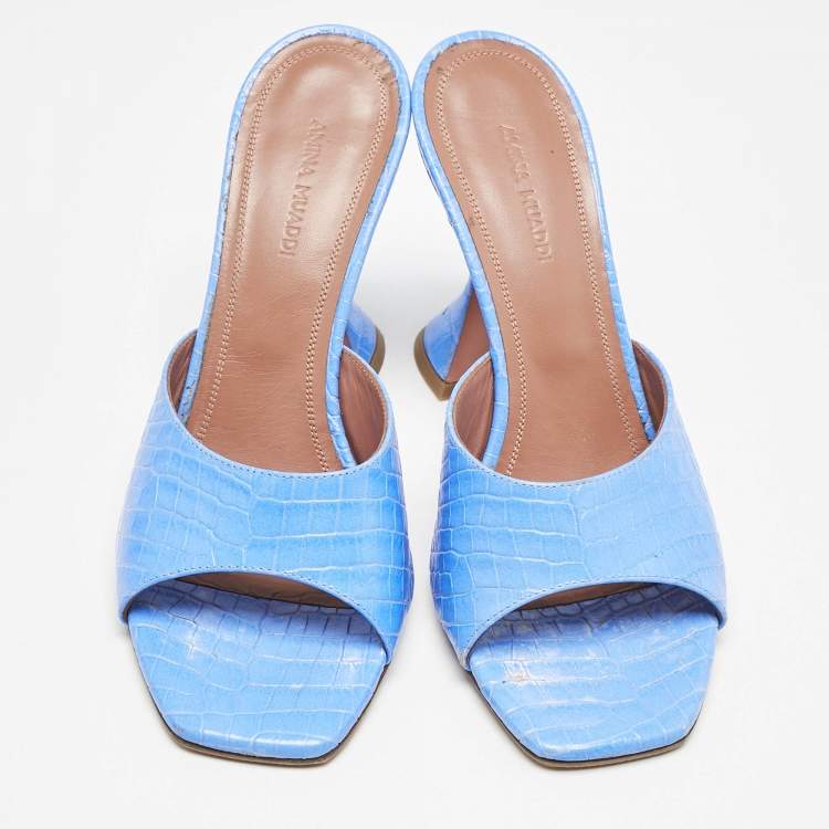 Pre Owned Amina Muaddi Blue Croc Embossed Leather Lupita Slide Sandals Size 38