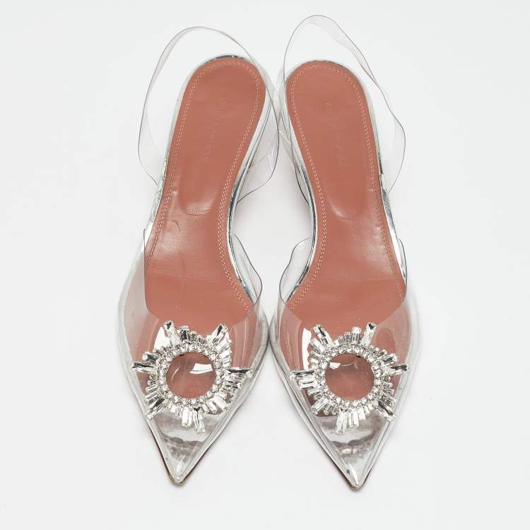 Pre Owned Amina Muaddi Transparent PVC Begum Crystal Embellished Slingback Pumps Size 41