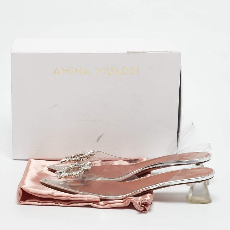 Pre Owned Amina Muaddi Transparent PVC Begum Crystal Embellished Slingback Pumps Size 41