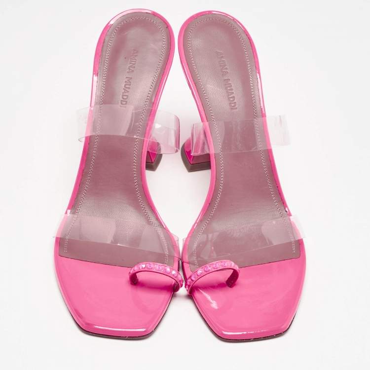 مملوكة مسبقًا Amina Muaddi Pink Patent Leather and PVC Sami Slide Sandals Size 39