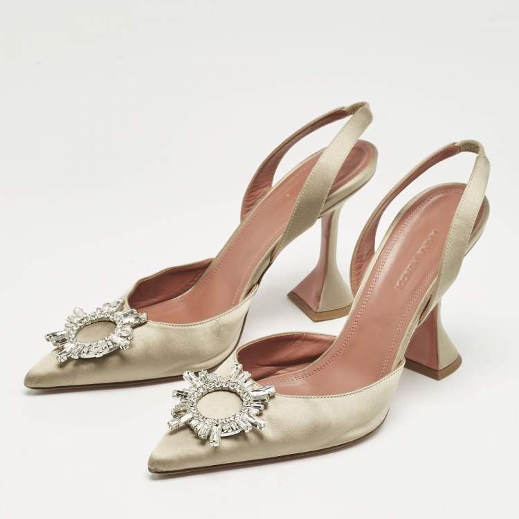 Pre Owned Amina Muaddi Grey Satin Begum  Crystal-Embellished Slingback Pumps Size 41        