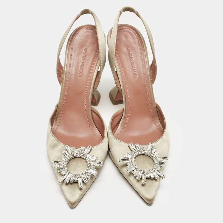 Pre Owned Amina Muaddi Grey Satin Begum  Crystal-Embellished Slingback Pumps Size 41        