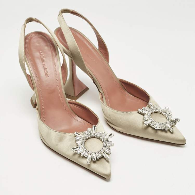 Pre Owned Amina Muaddi Grey Satin Begum  Crystal-Embellished Slingback Pumps Size 41        