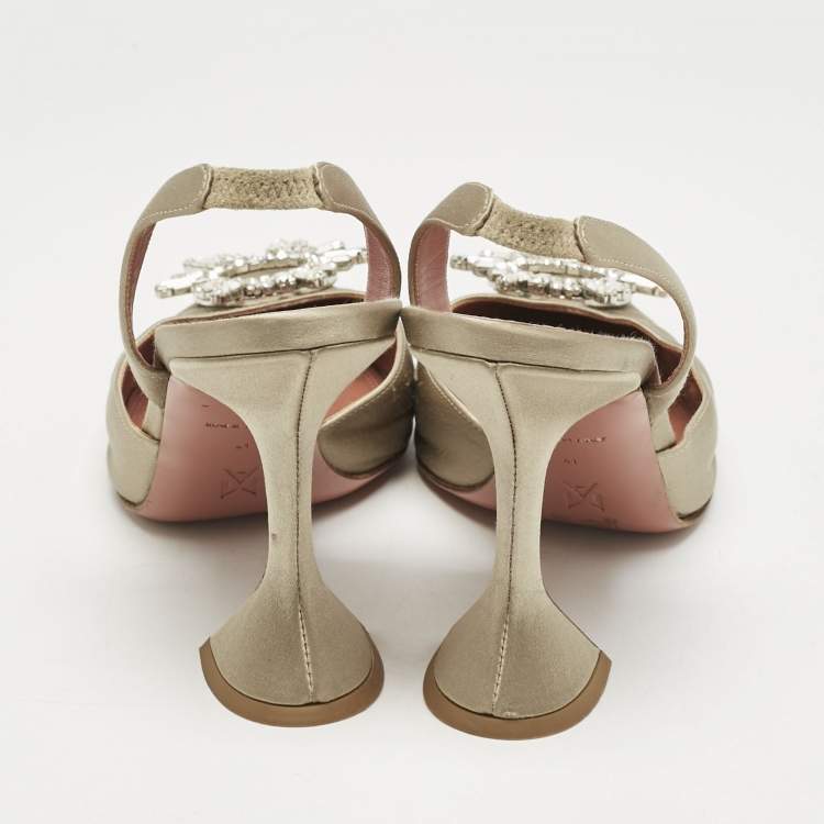 Pre Owned Amina Muaddi Grey Satin Begum  Crystal-Embellished Slingback Pumps Size 41        