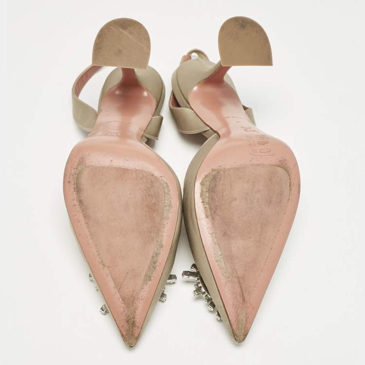 Pre Owned Amina Muaddi Grey Satin Begum  Crystal-Embellished Slingback Pumps Size 41        