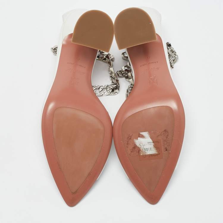 Pre Owned Amina Muaddi x AWGE White Leather Flacko Chain Ankle Strap Sandals Size 37