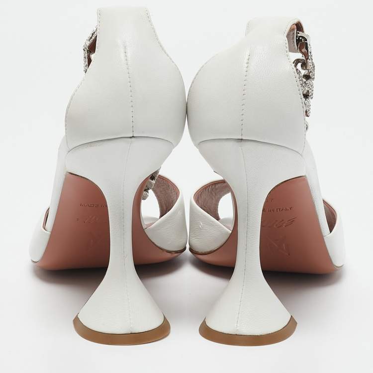 Pre Owned Amina Muaddi x AWGE White Leather Flacko Chain Ankle Strap Sandals Size 37