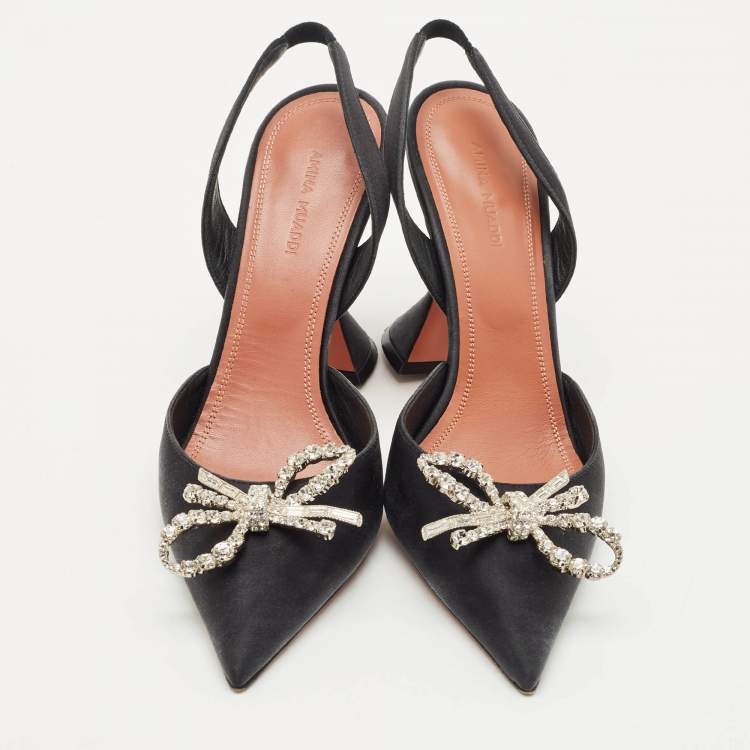 Pre Owned Amina Muaddi Black Satin Begum Crystal-Embellished Slingback Pumps Size 38