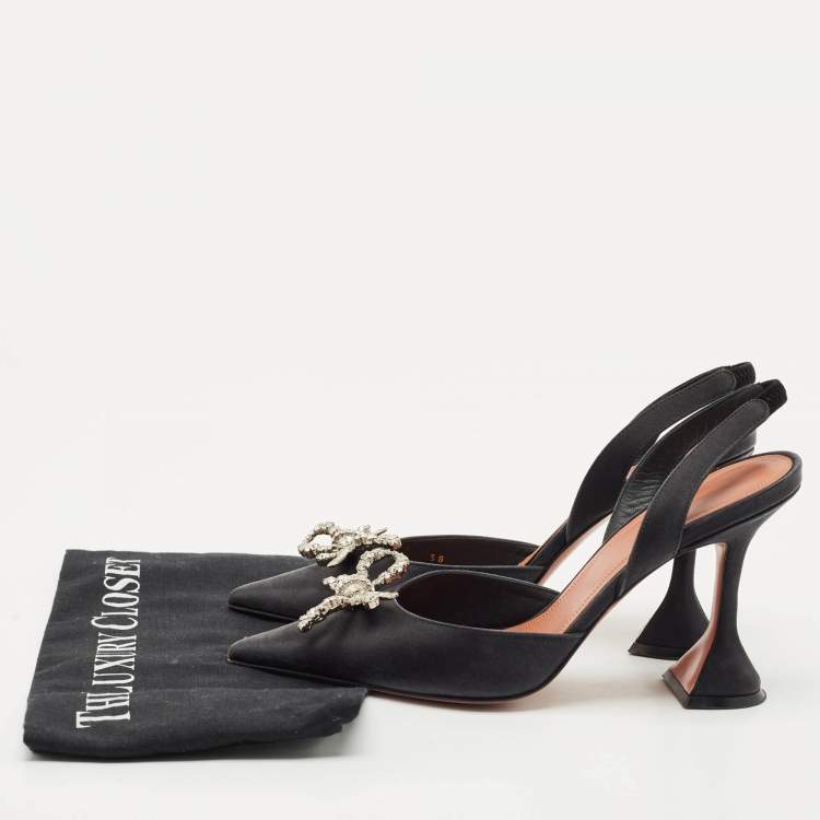 Pre Owned Amina Muaddi Black Satin Begum Crystal-Embellished Slingback Pumps Size 38