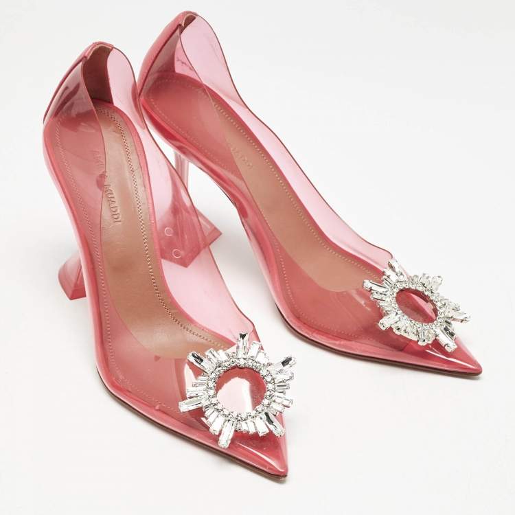 Pre Owned Amina Muaddi Pink PVC Begum Crystal Embellished Pointed Toe Pumps Size 37