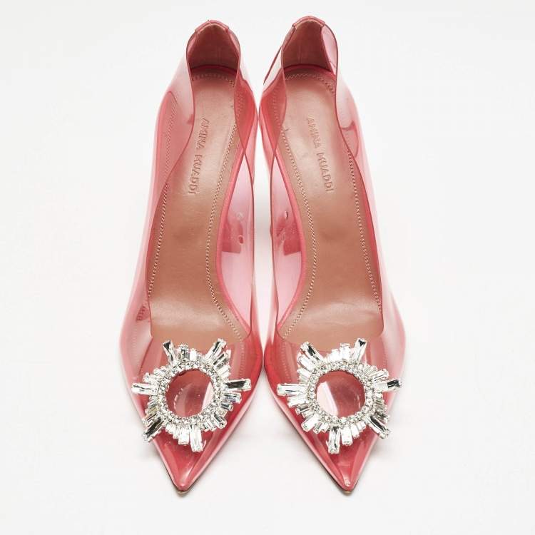Pre Owned Amina Muaddi Pink PVC Begum Crystal Embellished Pointed Toe Pumps Size 37