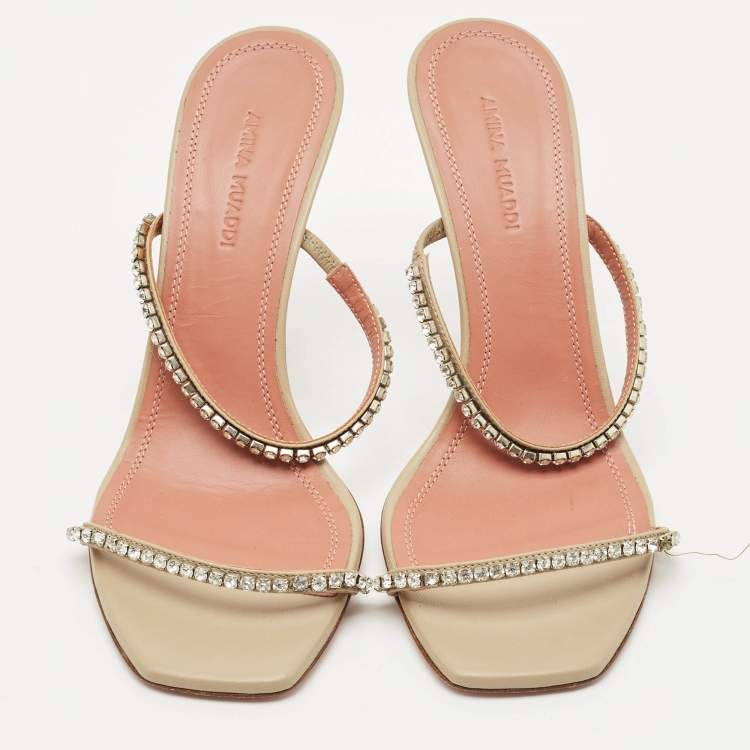 Pre Owned Amina Muaddi Grey Leather Crystal Embellished Gilda Slide Sandals Size 36.5