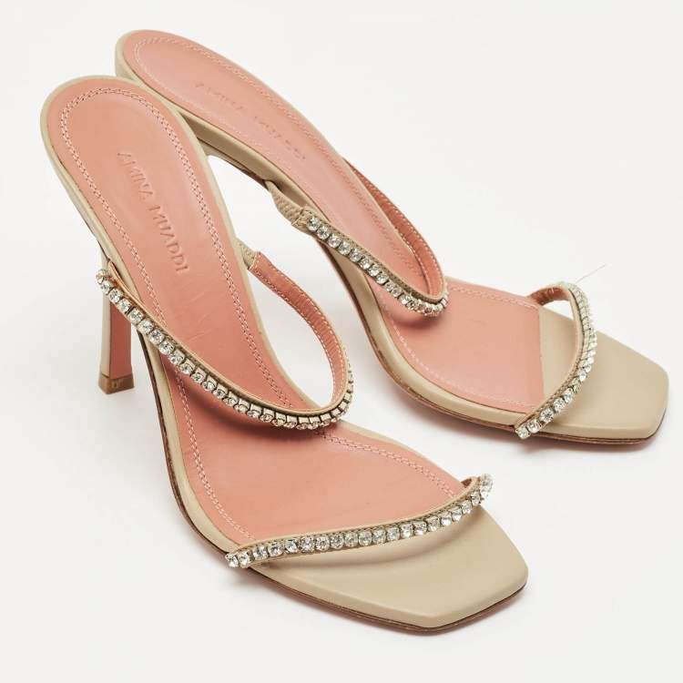 Pre Owned Amina Muaddi Grey Leather Crystal Embellished Gilda Slide Sandals Size 36.5