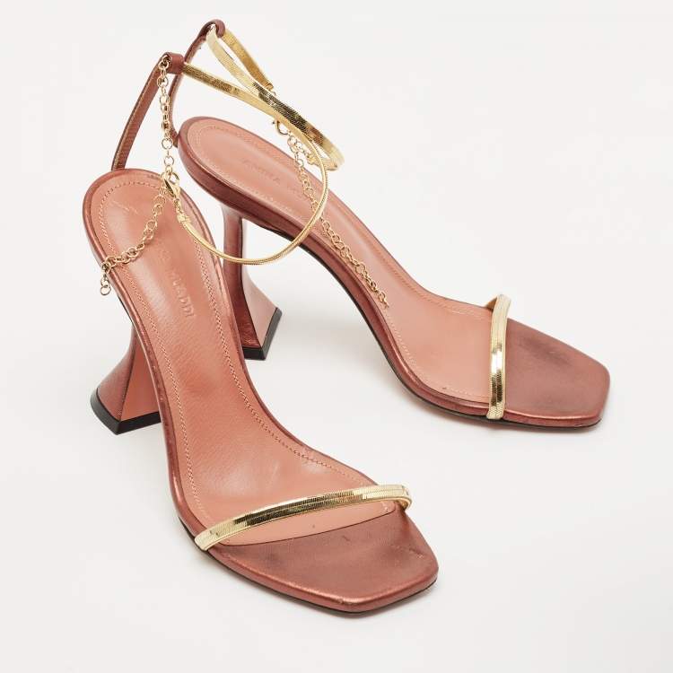 مملوكة مسبقًا Amina Muaddi Pink/Gold  Leather Gid Ankle Strap Sandals Size 36