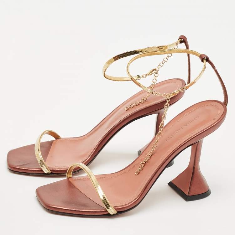 مملوكة مسبقًا Amina Muaddi Pink/Gold  Leather Gid Ankle Strap Sandals Size 36