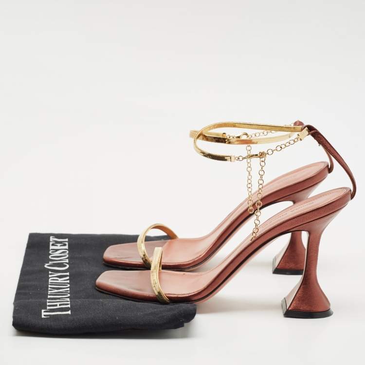 مملوكة مسبقًا Amina Muaddi Pink/Gold  Leather Gid Ankle Strap Sandals Size 36