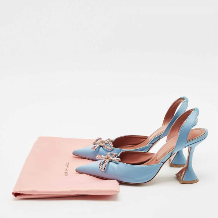 Pre Owned Amina Muaddi Blue Satin Begum Crystal-Embellished Slingback Pumps Size 39