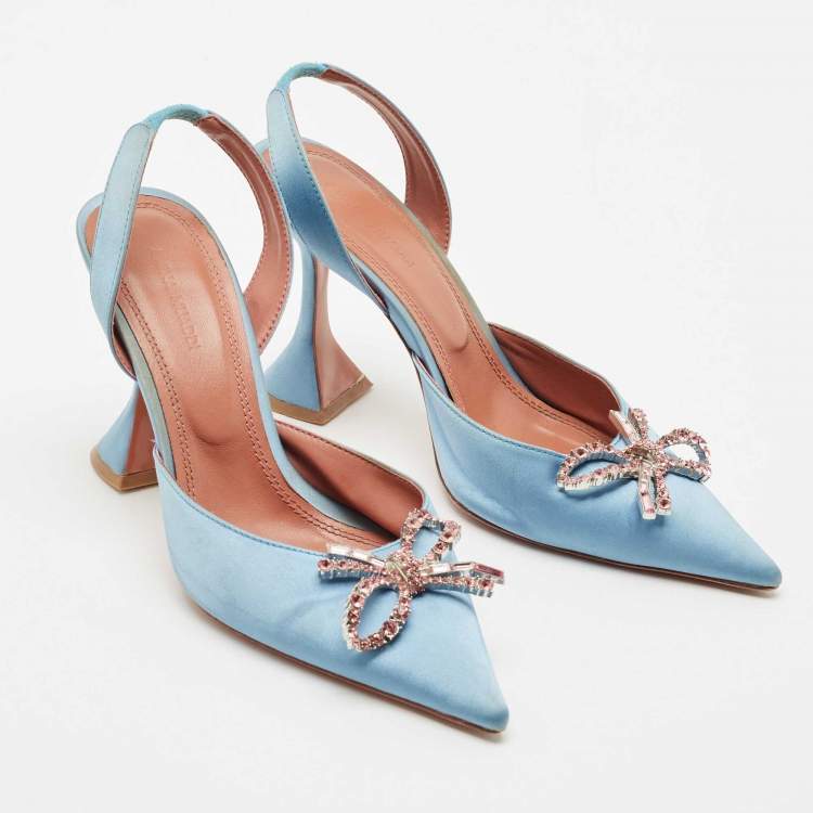 Pre Owned Amina Muaddi Blue Satin Begum Crystal-Embellished Slingback Pumps Size 39