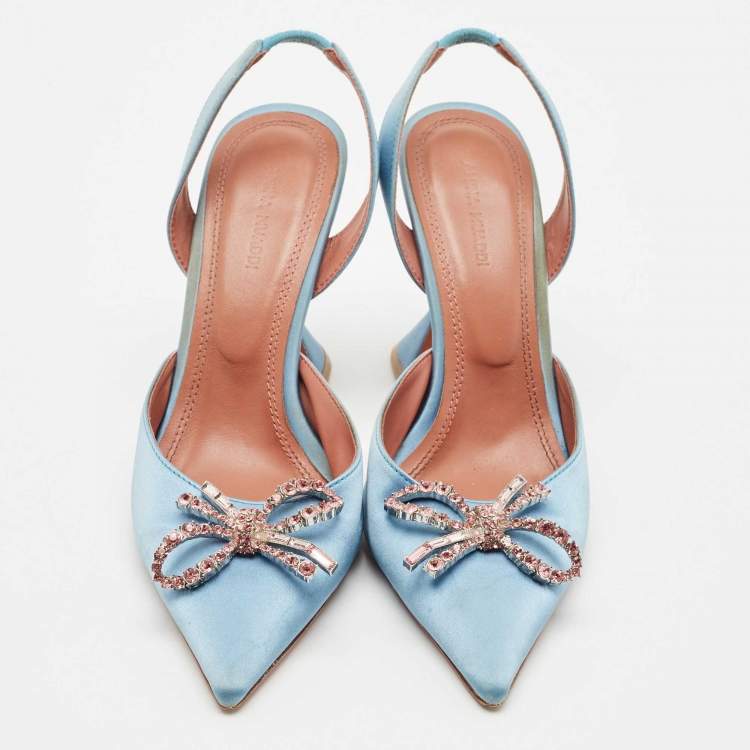 Pre Owned Amina Muaddi Blue Satin Begum Crystal-Embellished Slingback Pumps Size 39