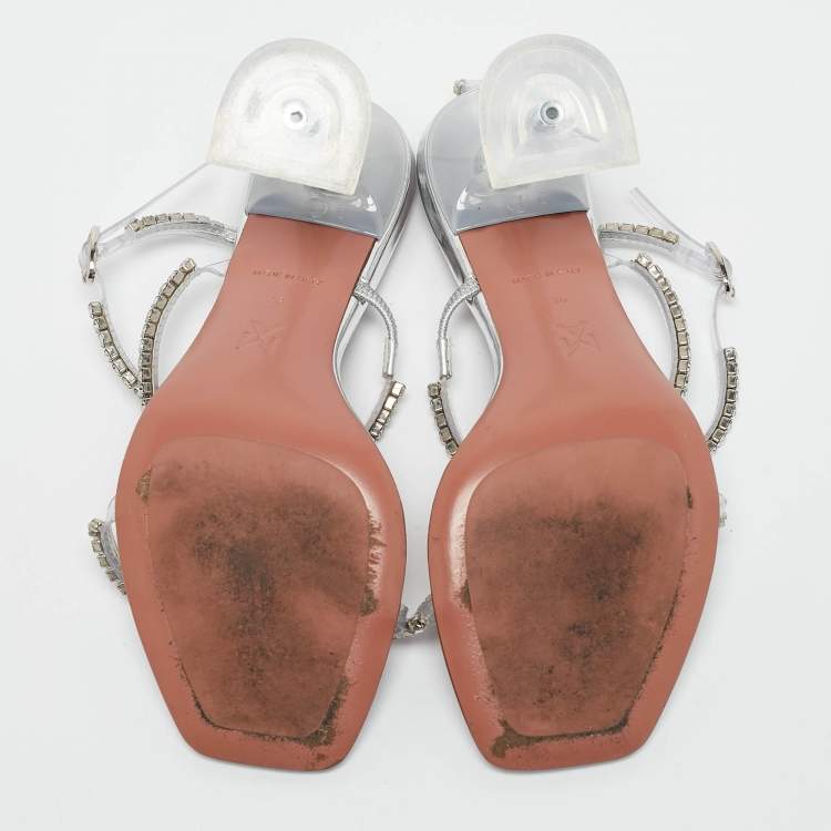 Pre Owned Amina Muaddi Silver Leather Glid Ankle Strap Sandals Size 36
