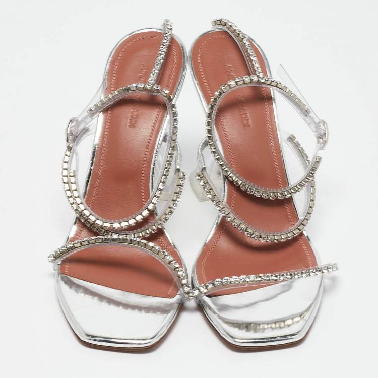 Pre Owned Amina Muaddi Silver Leather Glid Ankle Strap Sandals Size 36