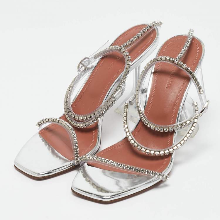 Pre Owned Amina Muaddi Silver Leather Glid Ankle Strap Sandals Size 36