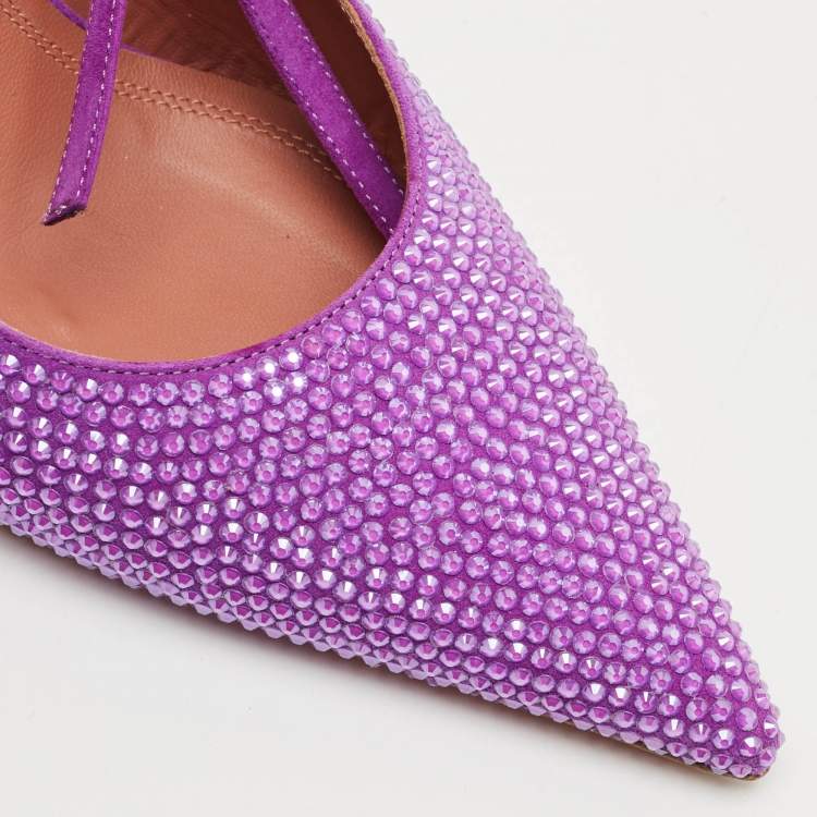 Pre Owned Amina Muaddi Purple Suede Crystal Embellished Karma Pumps Size 38