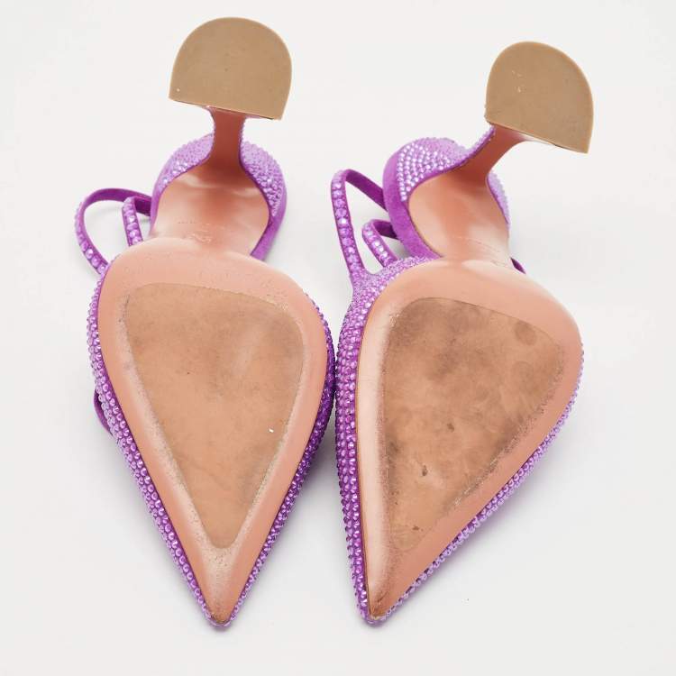 Pre Owned Amina Muaddi Purple Suede Crystal Embellished Karma Pumps Size 38