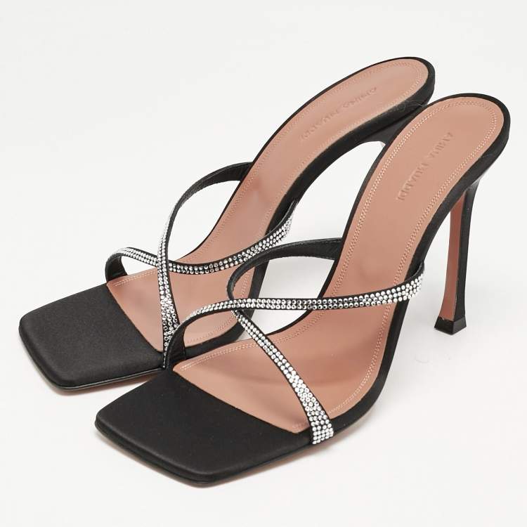 Pre Owned Amina Muaddi Black Satin Crystal Embellished Crisscross Adriana Slide Sandals Size 40