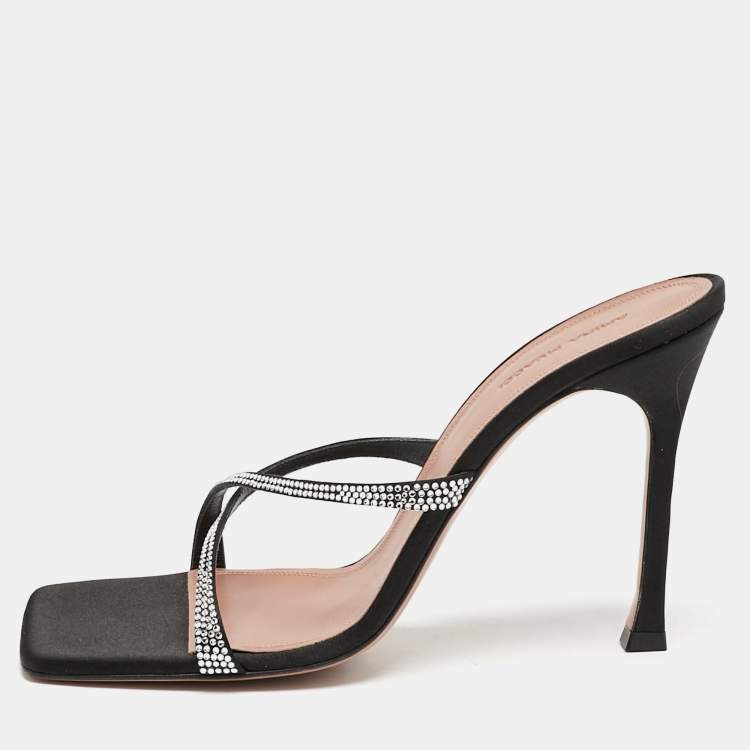 Pre Owned Amina Muaddi Black Satin Crystal Embellished Crisscross Adriana Slide Sandals Size 40