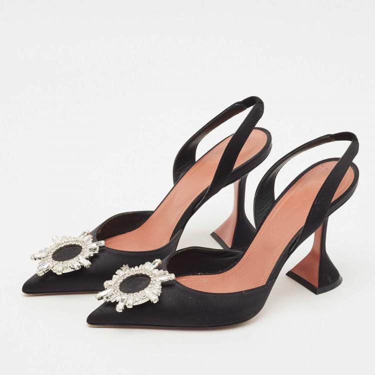 Pre Owned Amina Muaddi Black Satin Begum Crystal-Embellished Slingback Pumps Size 38