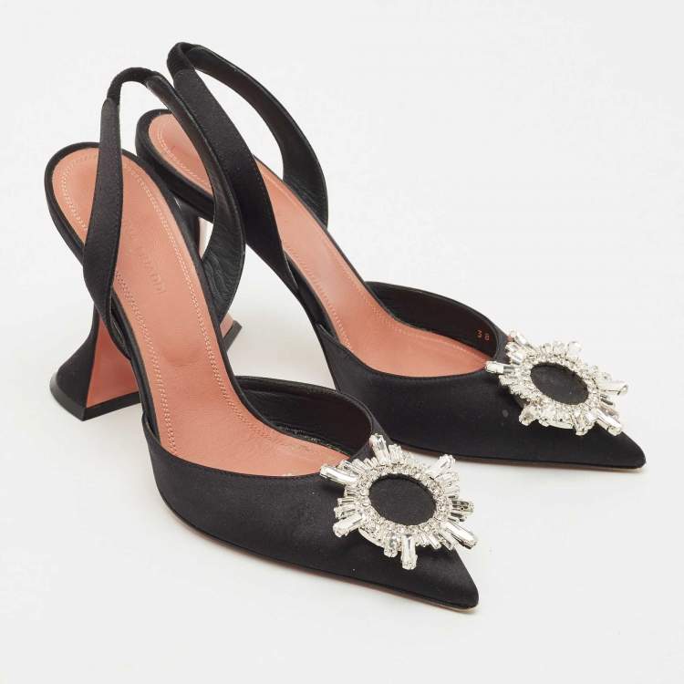 Pre Owned Amina Muaddi Black Satin Begum Crystal-Embellished Slingback Pumps Size 38