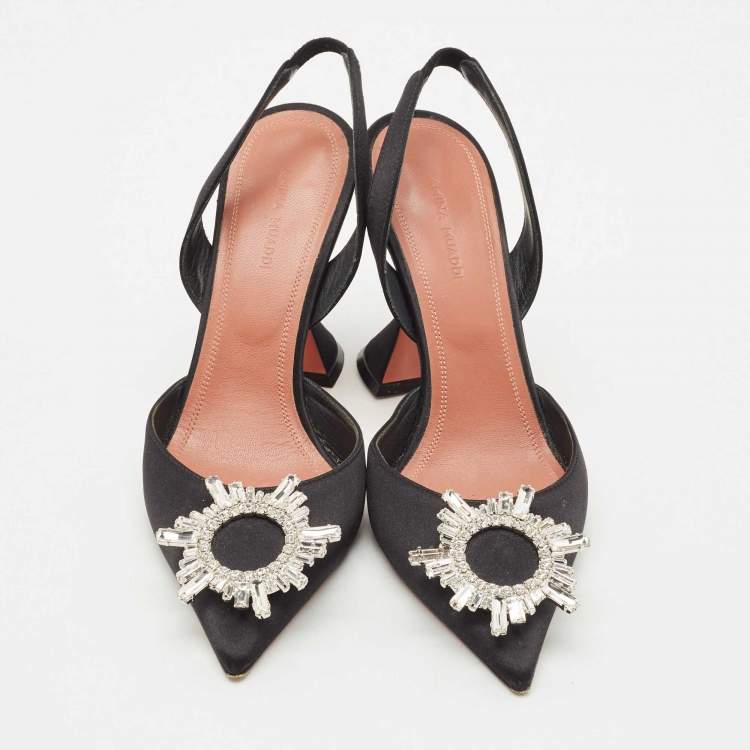 Pre Owned Amina Muaddi Black Satin Begum Crystal-Embellished Slingback Pumps Size 38
