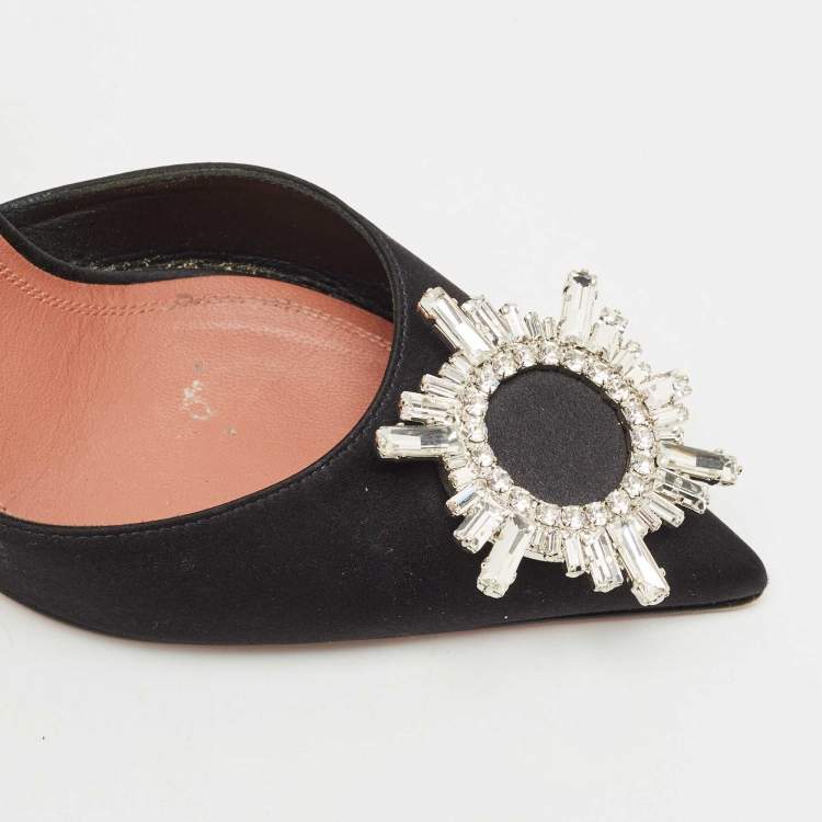 Pre Owned Amina Muaddi Black Satin Begum Crystal-Embellished Slingback Pumps Size 38