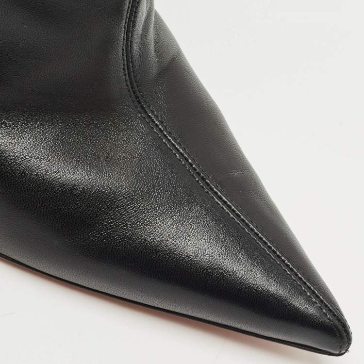 Pre Owned Amina Muaddi Black Leather Crystal Embellished Ankle Length Boots Size 41