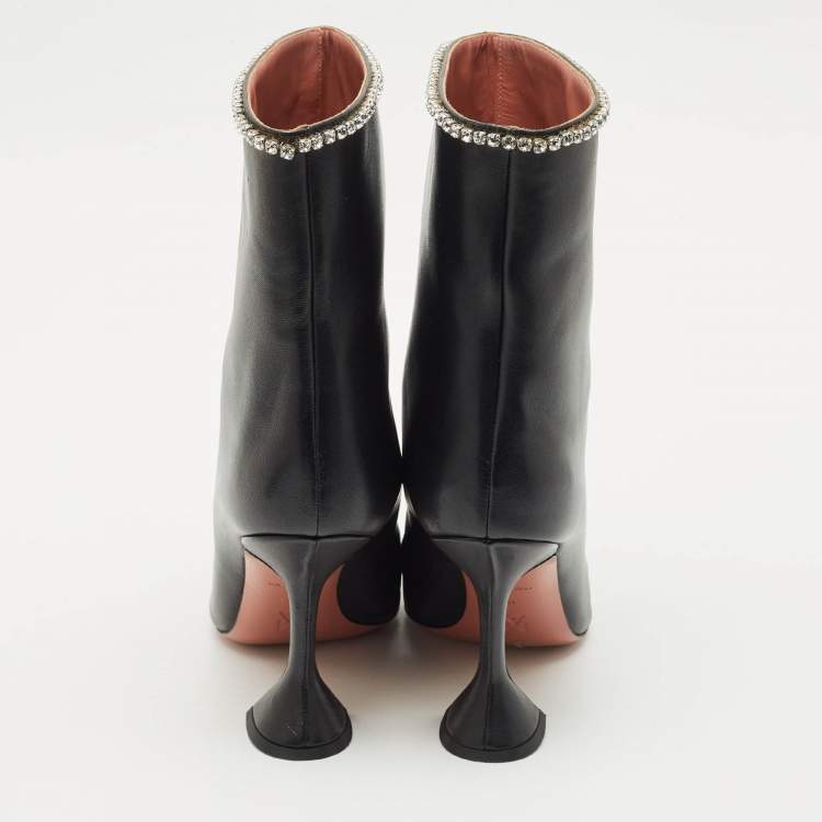 Pre Owned Amina Muaddi Black Leather Crystal Embellished Ankle Length Boots Size 41