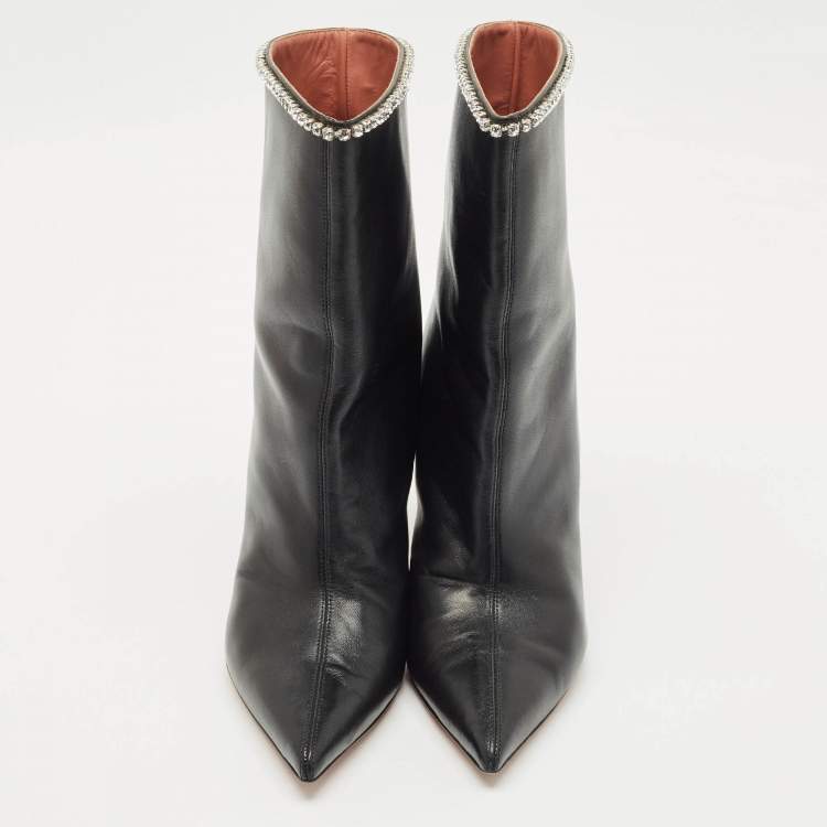 Pre Owned Amina Muaddi Black Leather Crystal Embellished Ankle Length Boots Size 41
