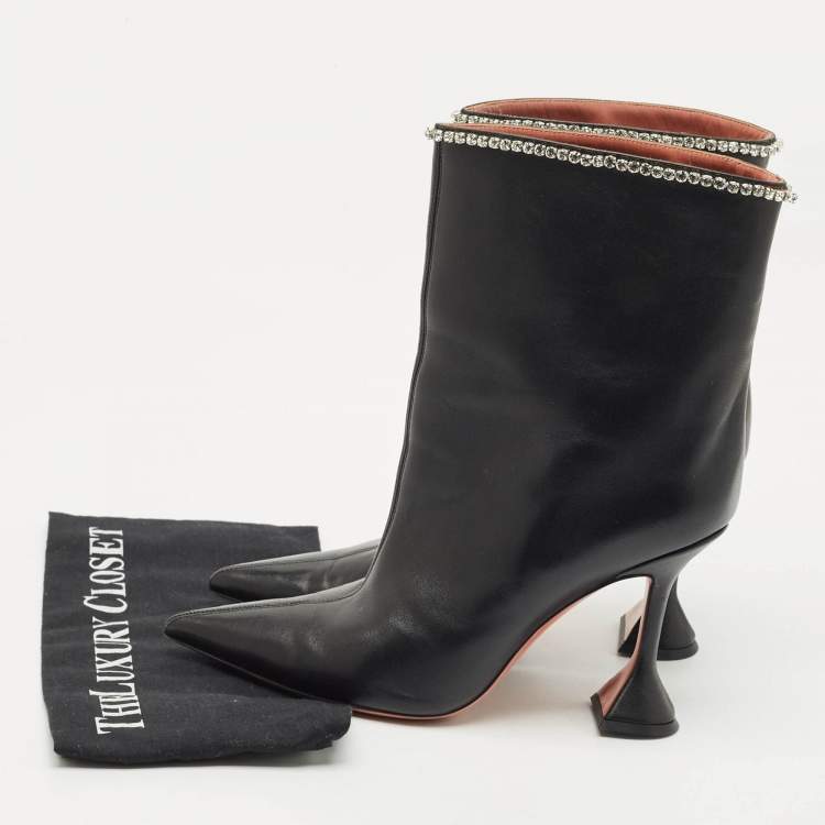 Pre Owned Amina Muaddi Black Leather Crystal Embellished Ankle Length Boots Size 41