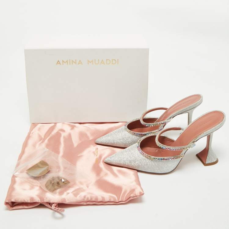 Pre Owned Amina Muaddi Silver Glitter Gilda Mules Size 41